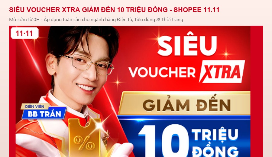 Siêu Voucher Xtra Giảm Đến 10 Triệu Đồng Shopee 11.11