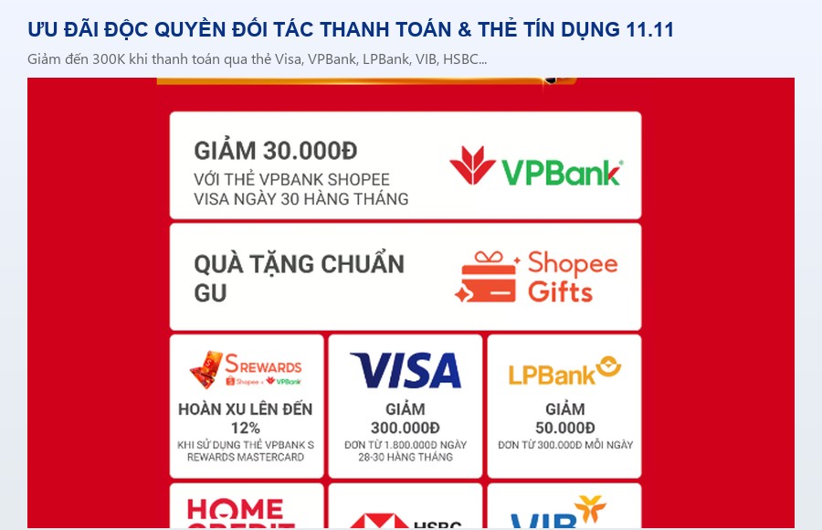 Ưu Đãi Đối Tác Thanh Toán Ngân Hàng Shopee 11.11