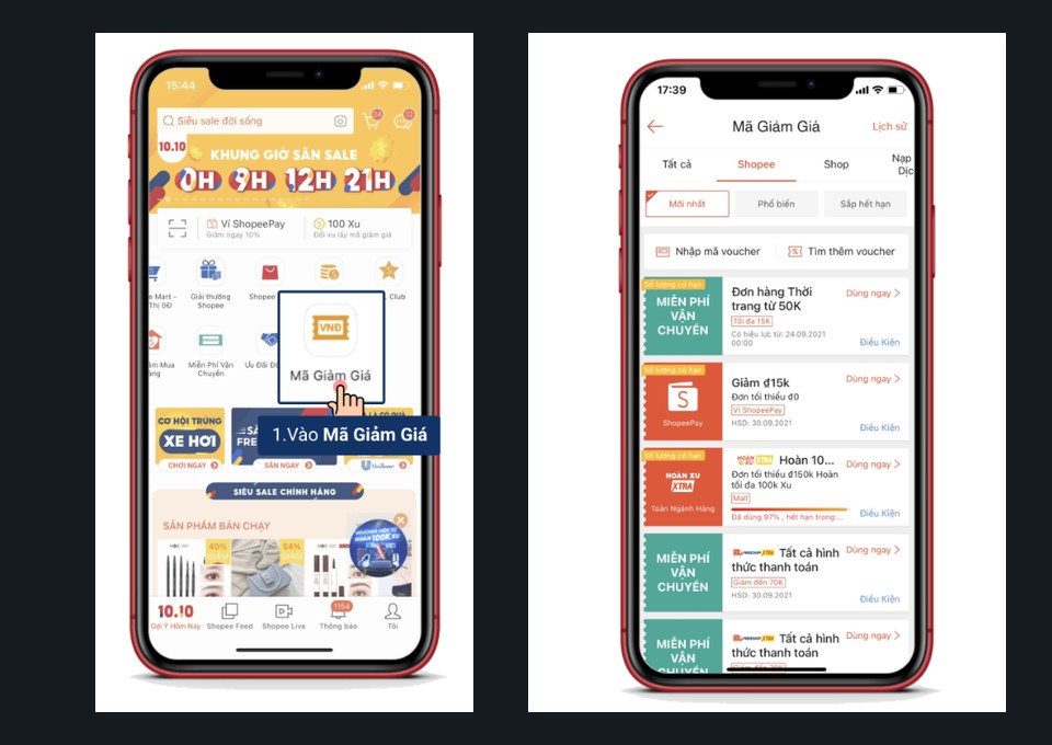 Hướng dẫn vào mục Mã Giảm Giá trên Shopee để chọn lại voucher mới khắc phục lỗi U02