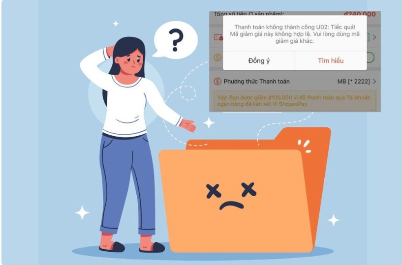 Hình ảnh thực tế thông báo Thanh toán không thành công U02 Mã giảm giá này không hợp lệ trên Shopee